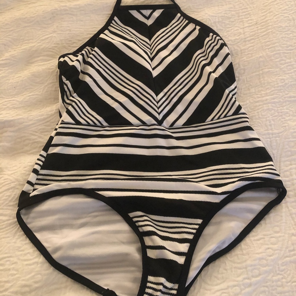Black and white high neck Stripe once piece Sz L